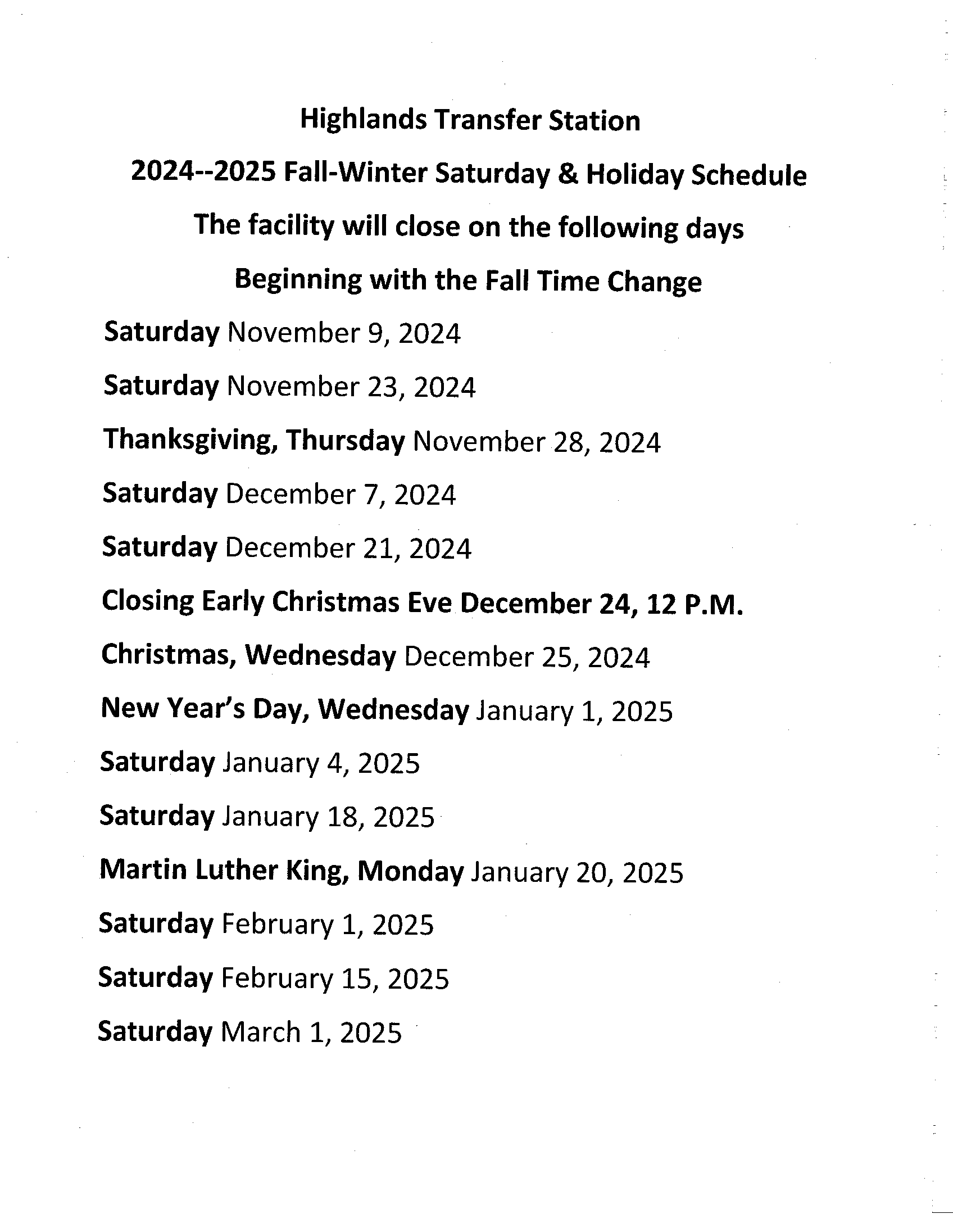 Winter Hours of Operation 2023/2024